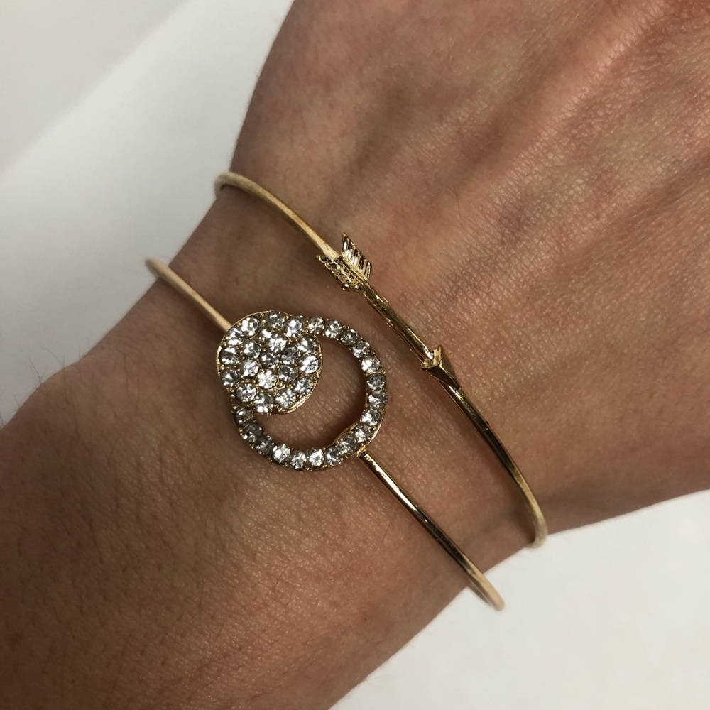 Gold Geometric Bow and Arrow Bangle Bracelets Set of Two Bundle